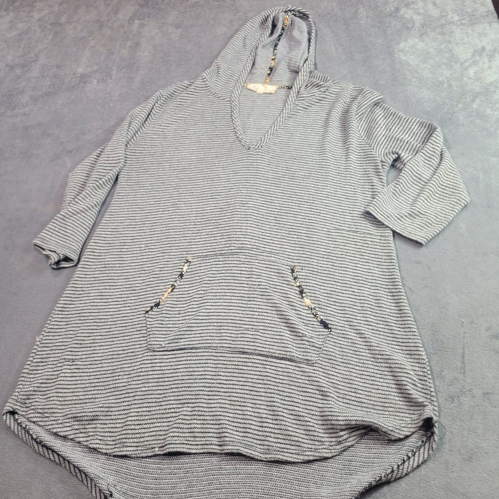 Miss Daisy Tunic Hoodie Womens Large Grey Striped Floral Trim Back Button Detail